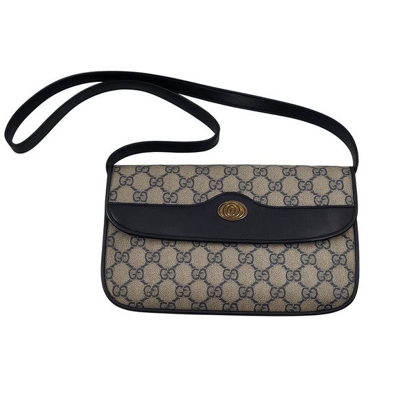 Vintage Gucci GG Monogram Shoulder Bag Navy Leather Trim | Unused 1970s - Picture 1 of 14